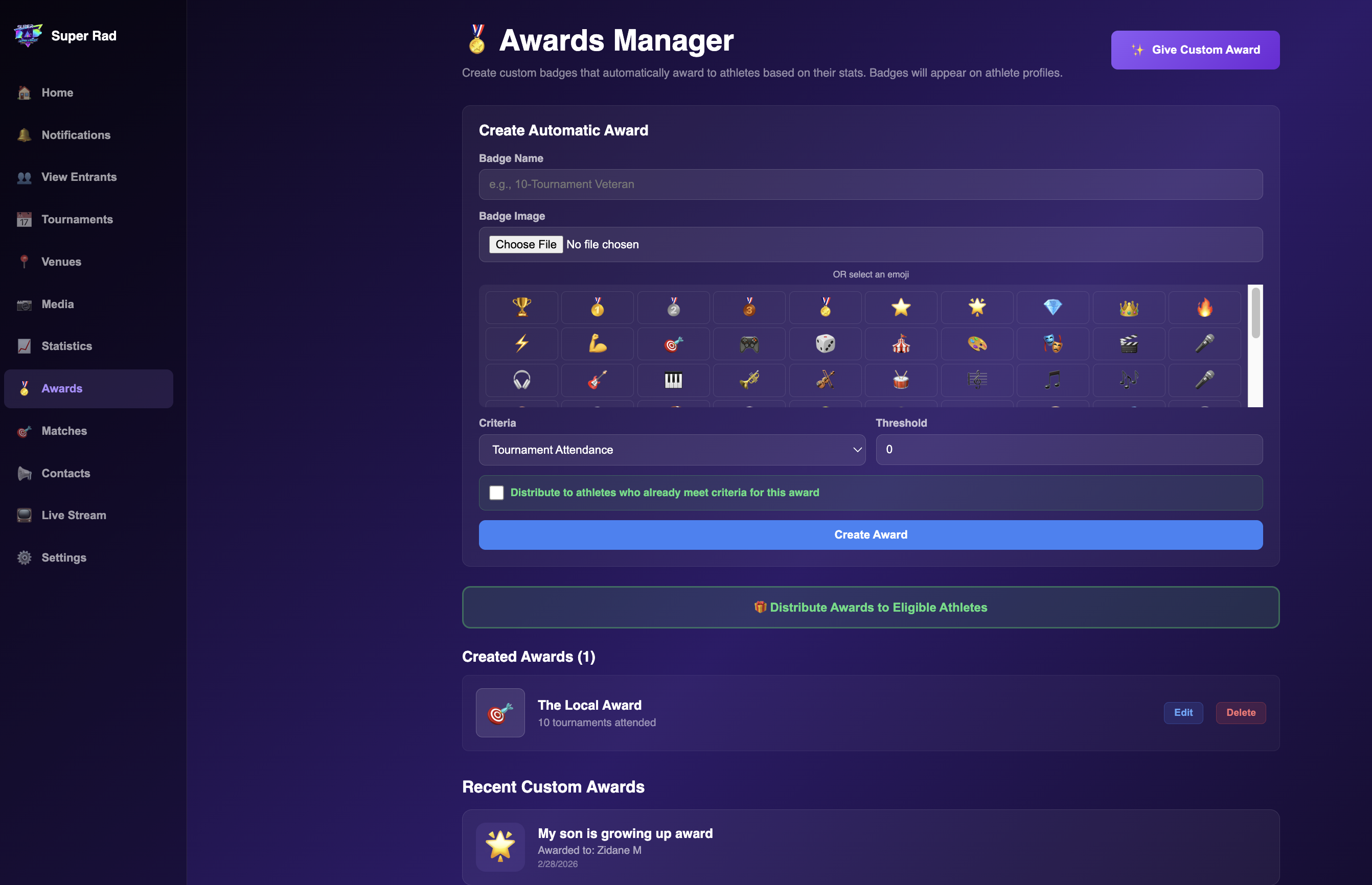 Awards manager with custom badges and automatic distribution
