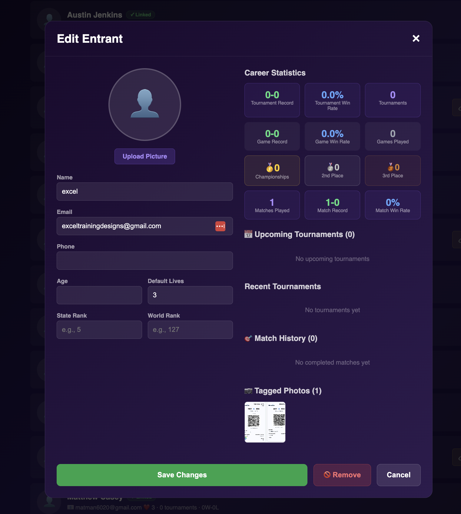 Player entrant profile with career stats and contact info