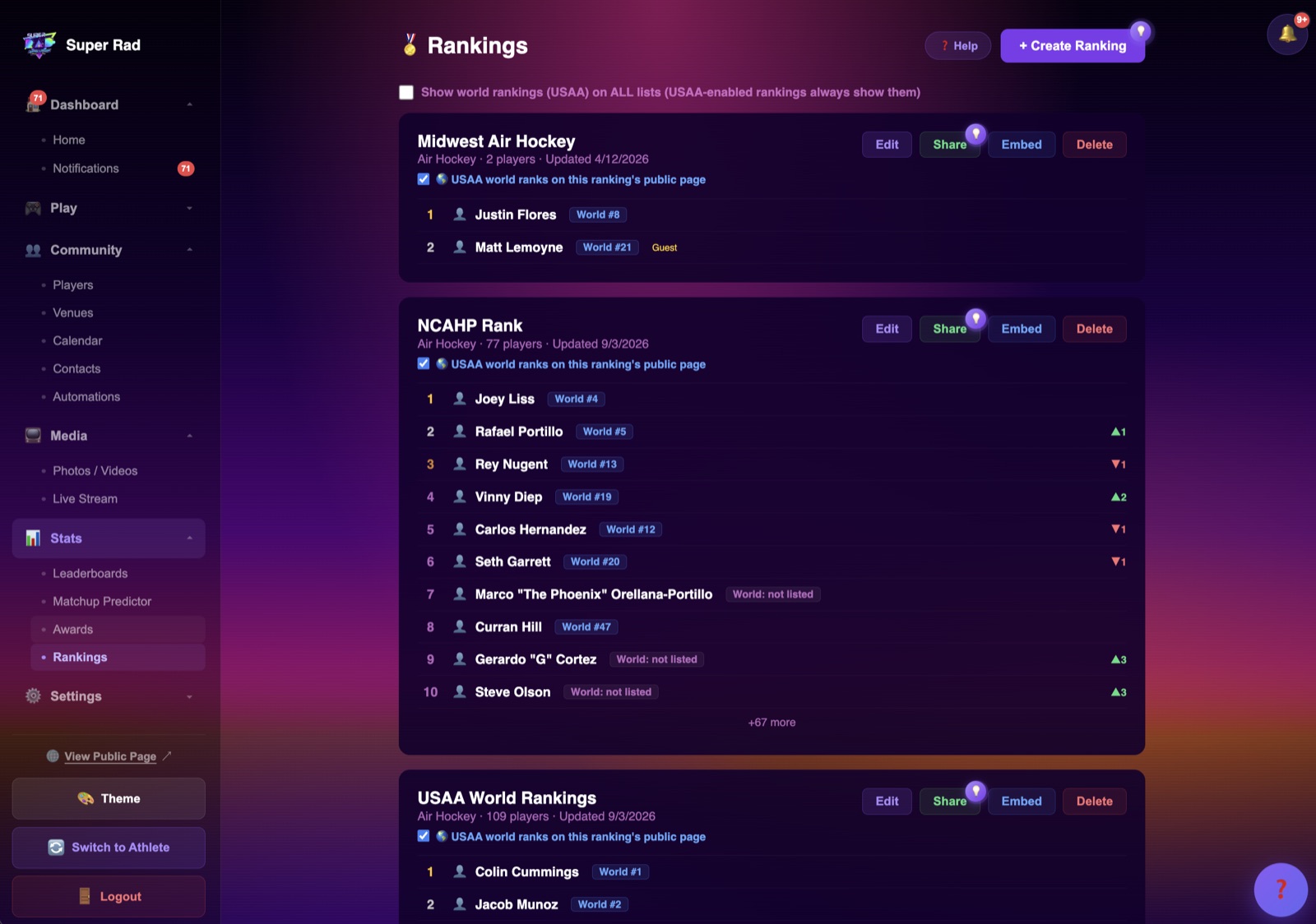 Custom ranking list with match log and share/embed controls