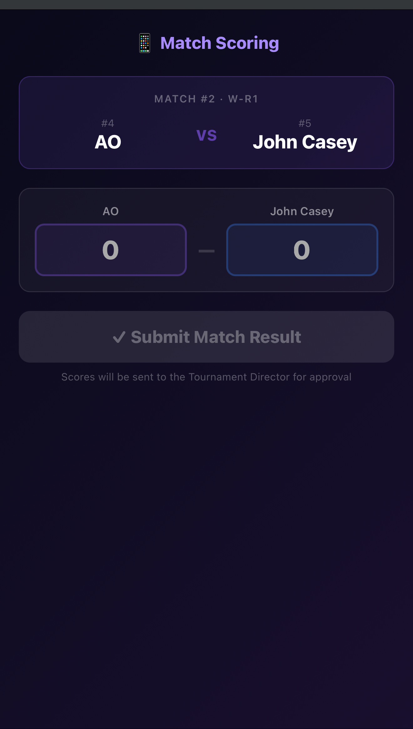 Mobile table-side scoring interface for live match entry