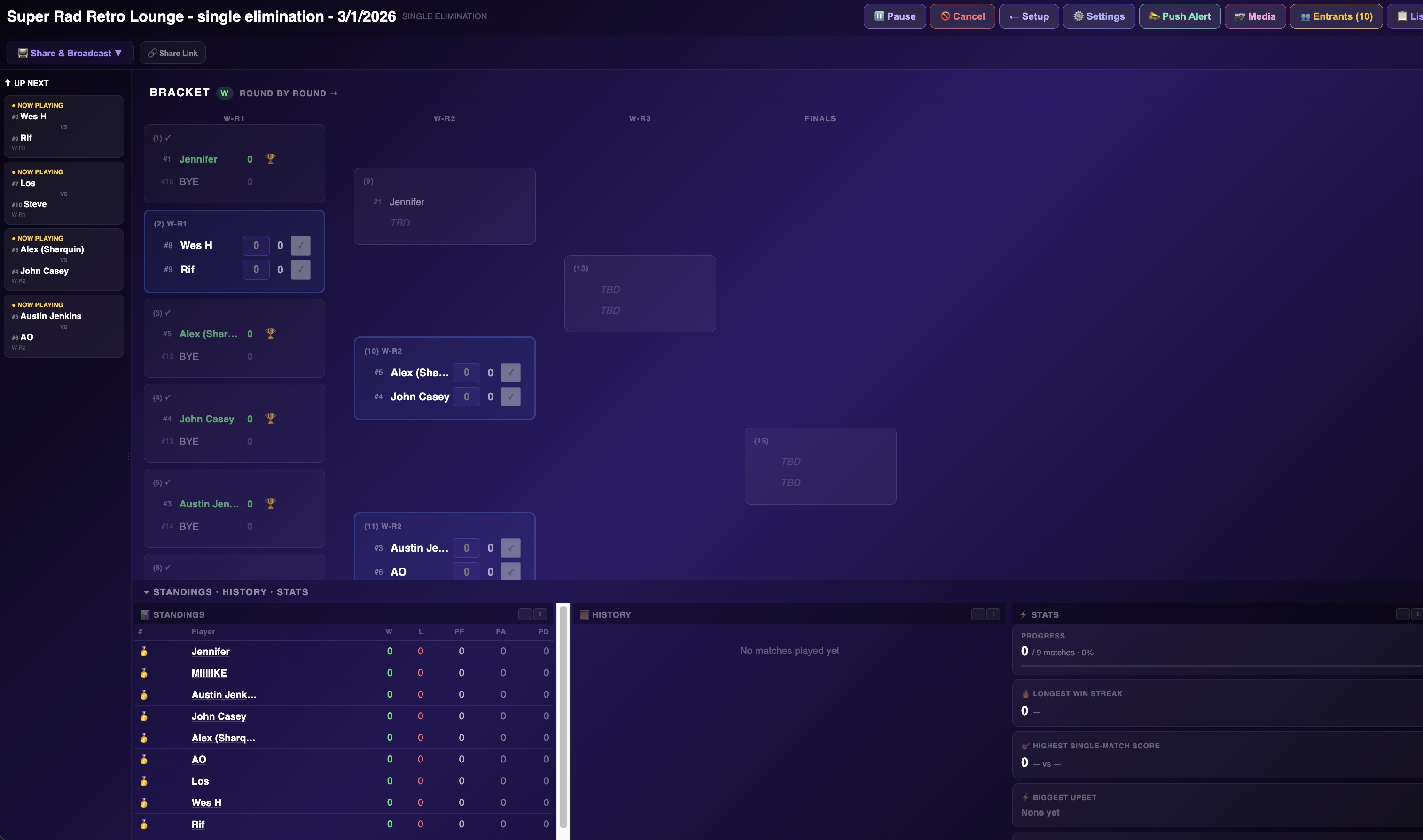Live double elimination bracket running in Super Bracket Builder
