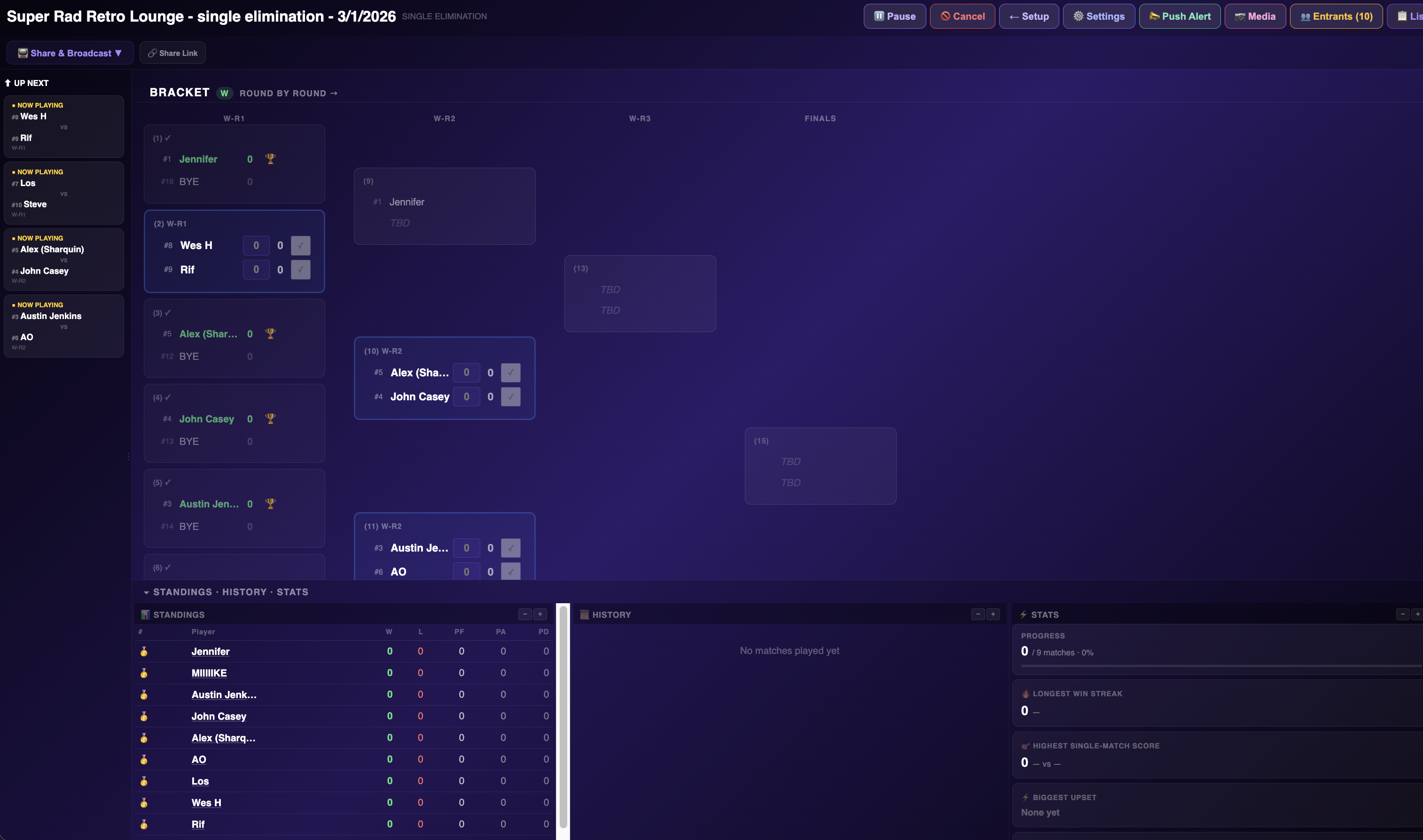 Live double elimination bracket with standings and match history