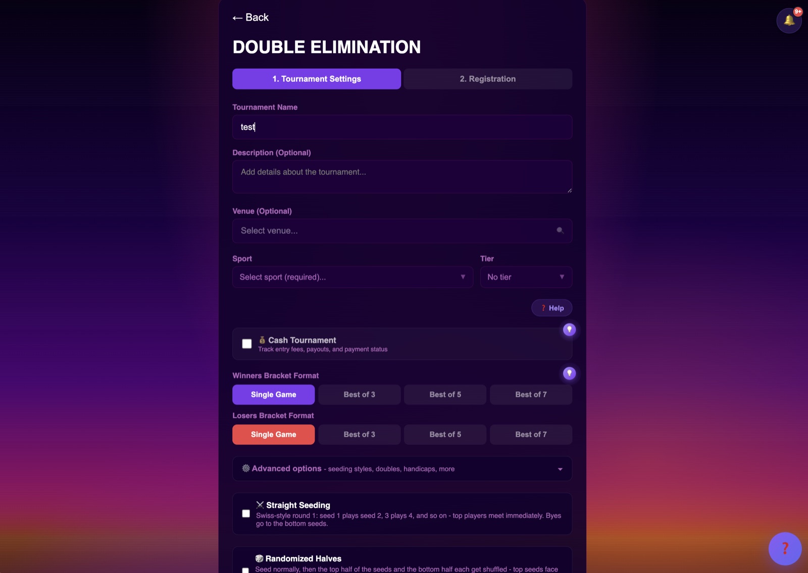 Tournament settings with separate winners and losers bracket format controls