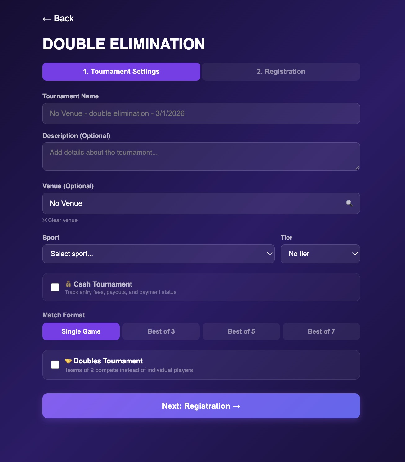Tournament setup with name, venue, sport, tier, match format, and doubles options