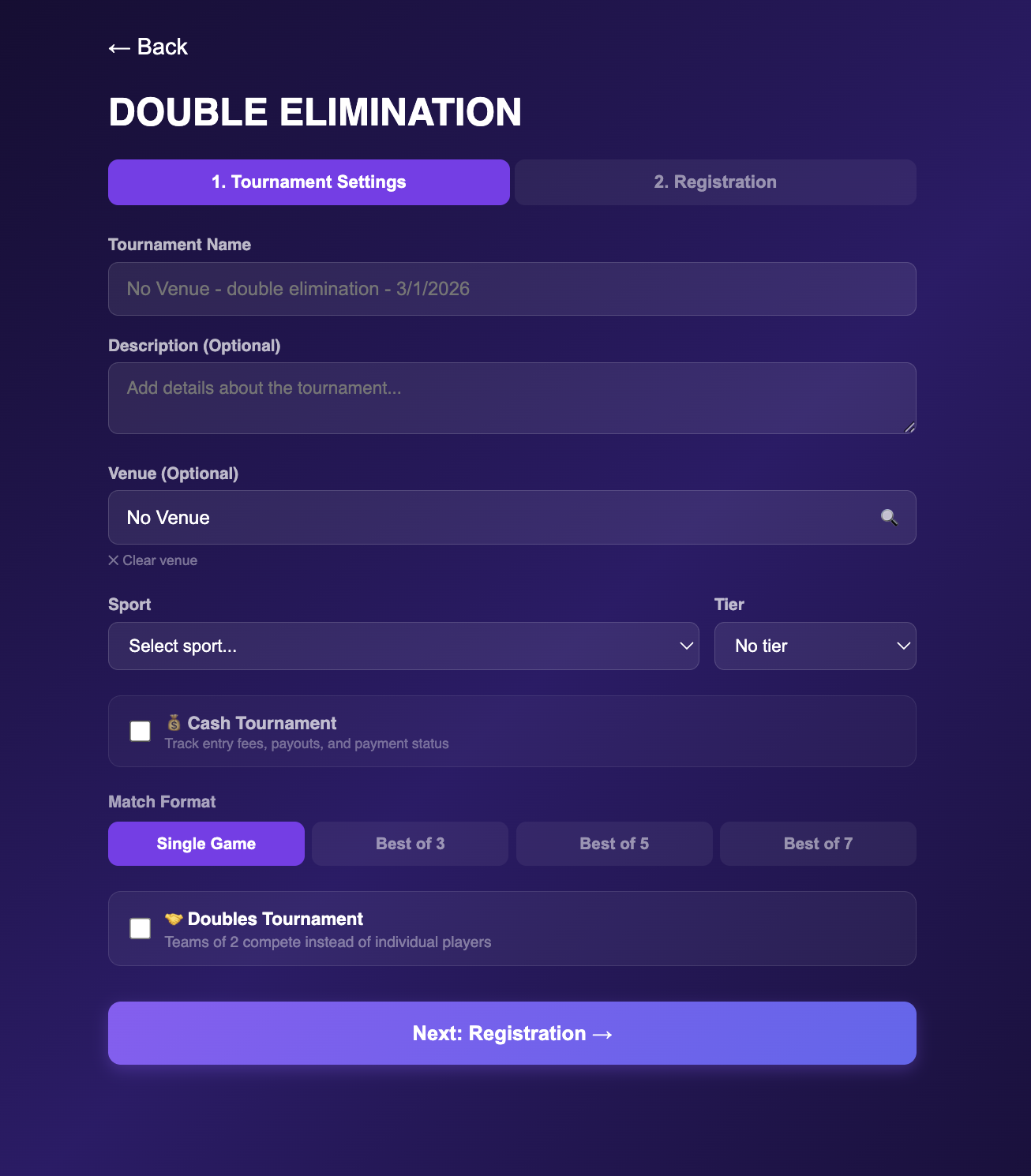 Tournament setup with name, venue, sport, tier, match format, and doubles options